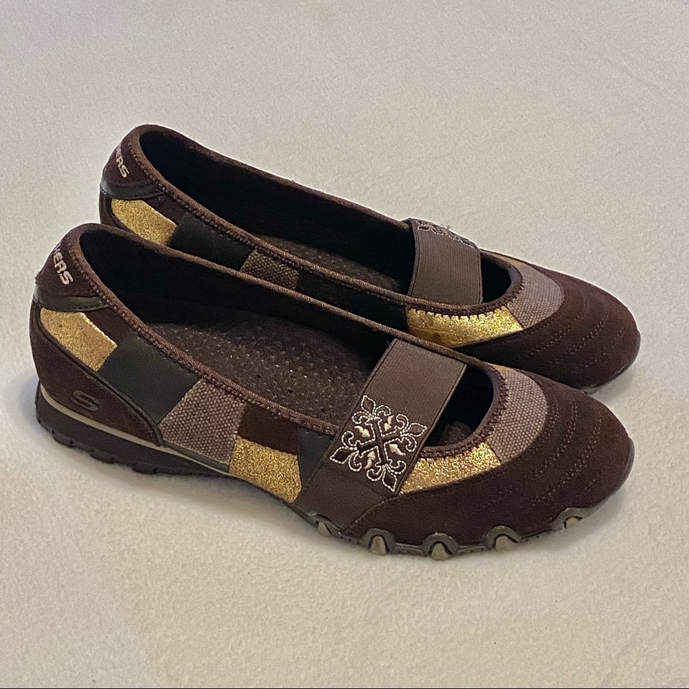Skechers Bikers Brown Chocolate Patchwork Suede Mary Janes Shoes Slip On